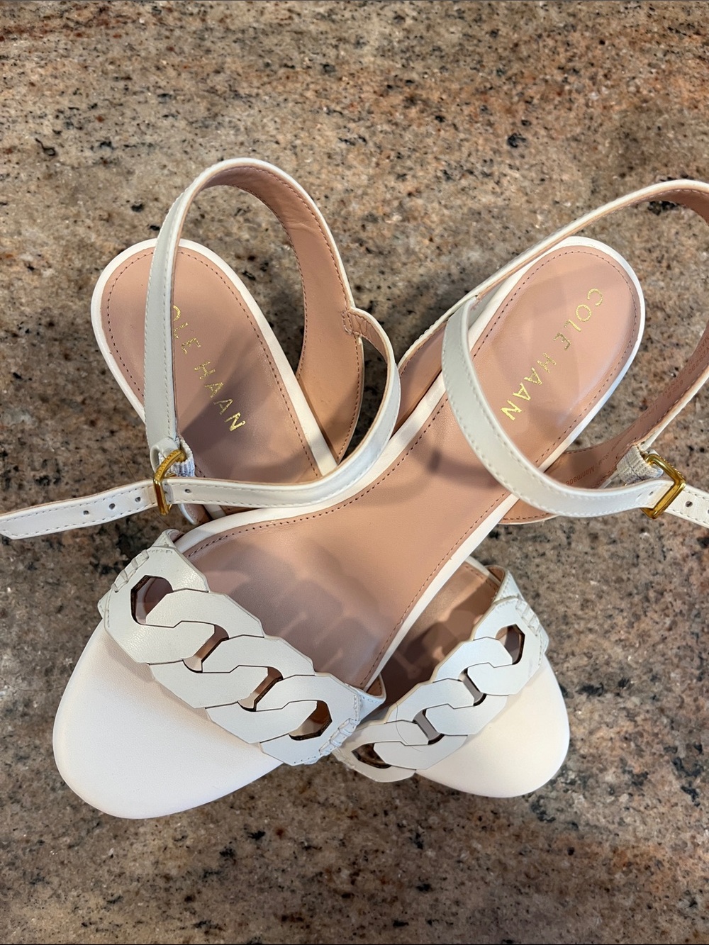 Cole Haan White Chain-Link Slingback Sandals with Gold Buckle